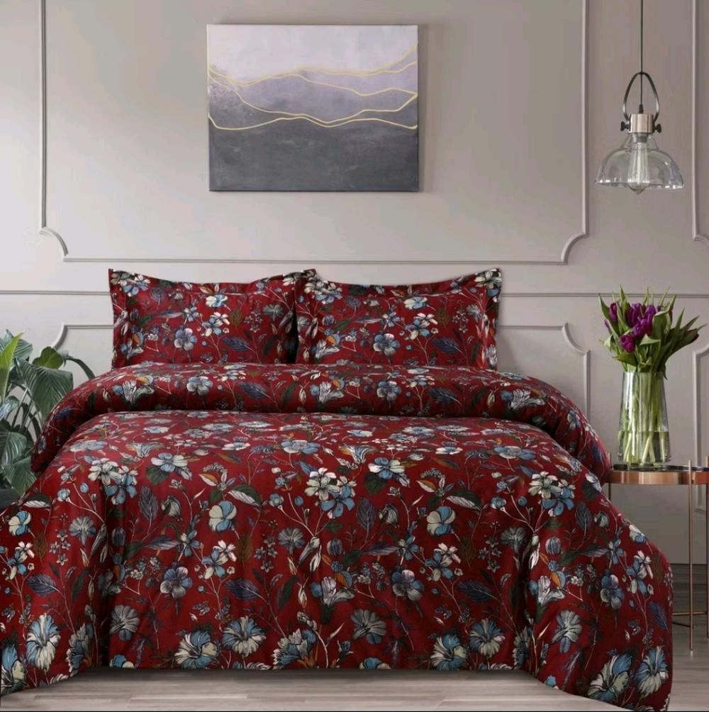 3pc Queen Amara Digital Printed Oversized Velvet Duvet Cover Set Garnet Red